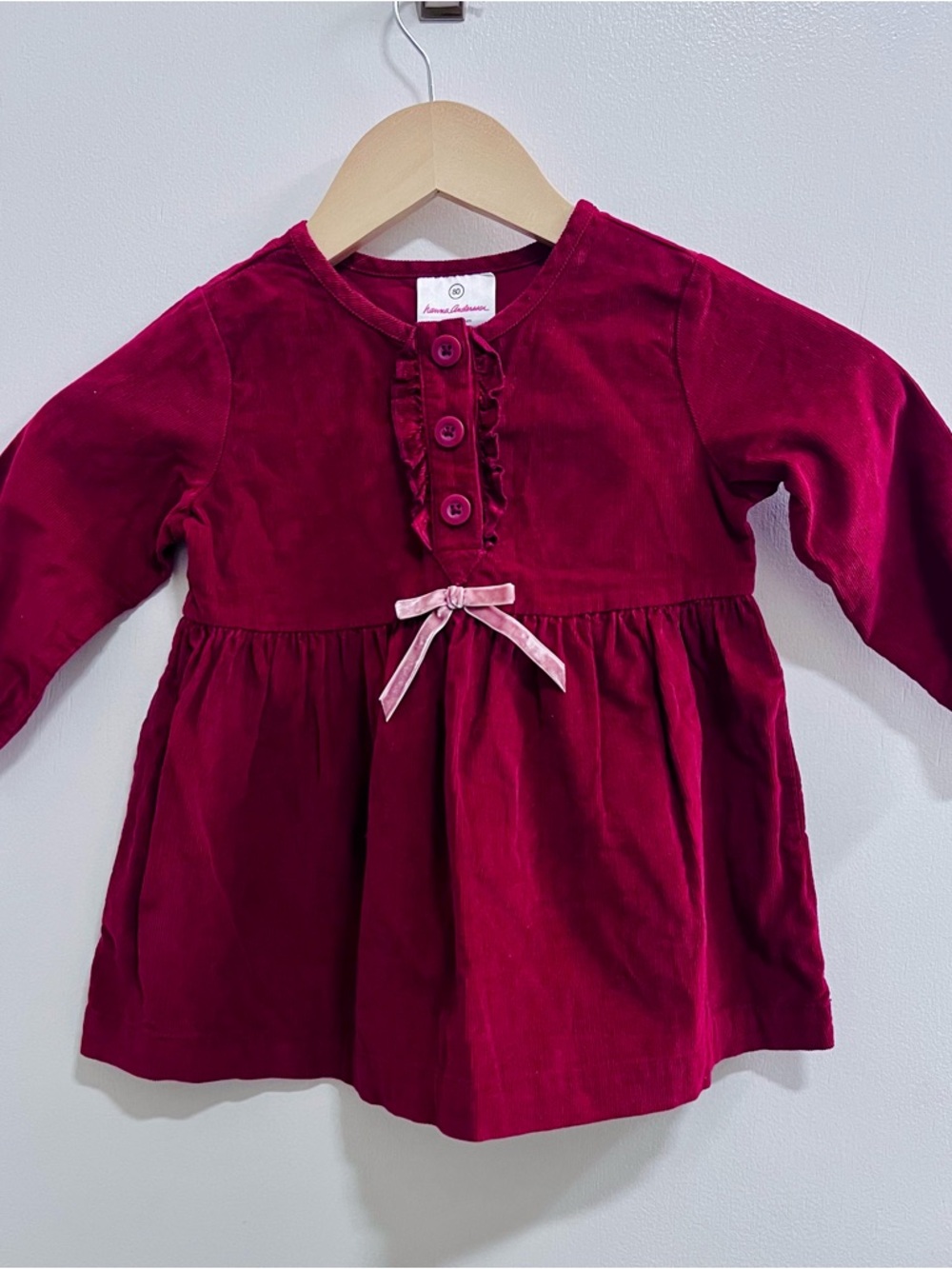 Hanna Andersson Girls Red Corduroy Fit & Flare Dress Long Sleeve Bow Size 80